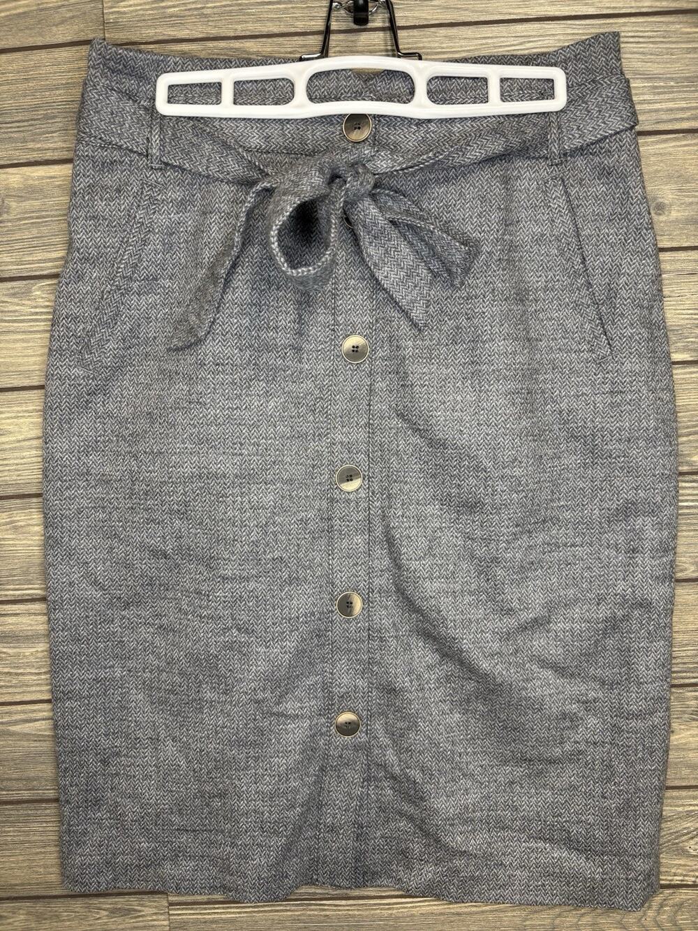 J. Mclaughlin Wool Blend Gray Pencil Skirt Size 6 Belt Tie Lined Pockets Casual
